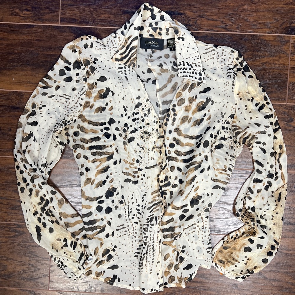 Dana Buchman Animal Print Button Down Shirt - Black, Brown, White